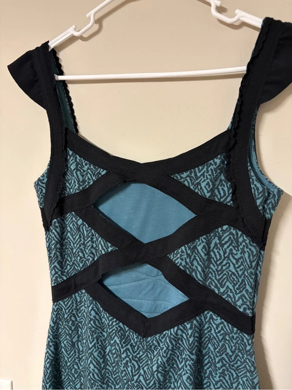Teal Patterned Fit-and-Flare Dress with Black Accent